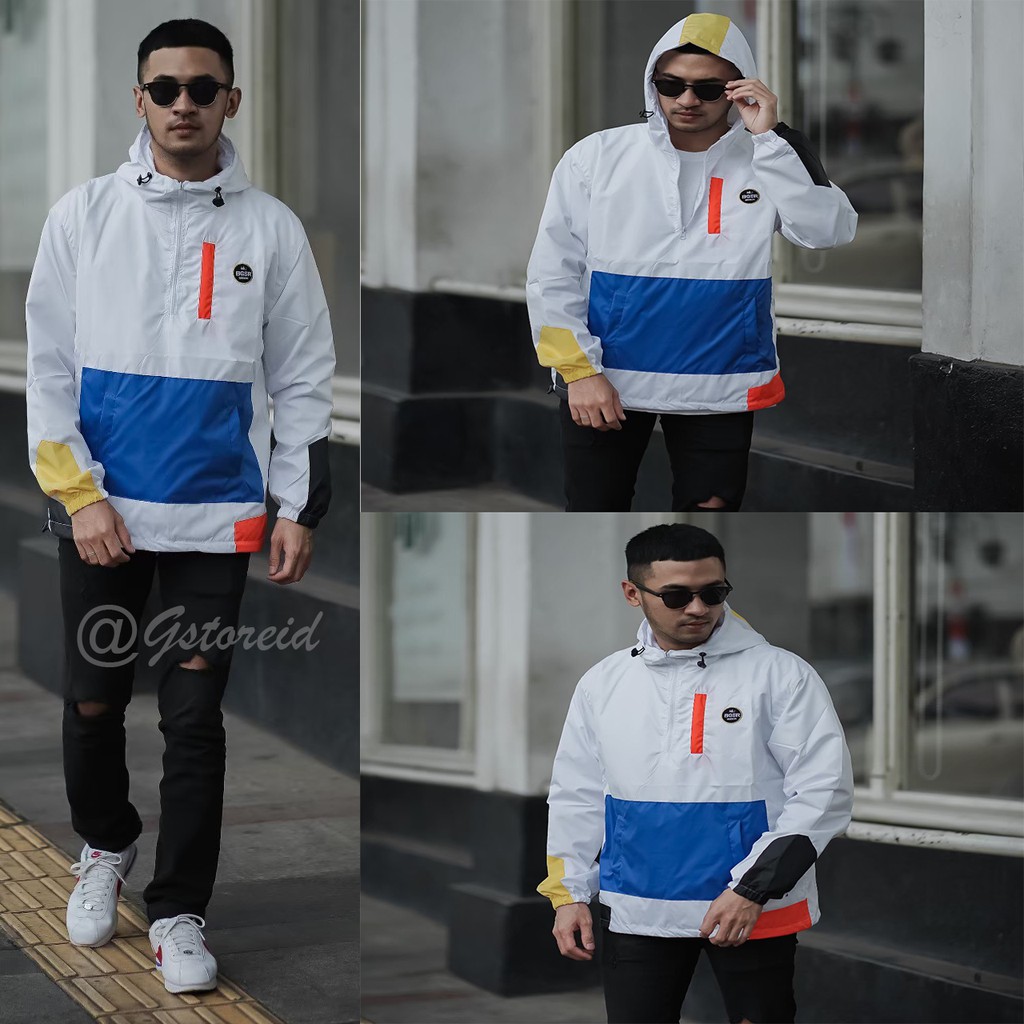 BGSR - Jaket Cagoule Combi Pocket Putih Original Jaket Pria Harian Jaket Malam Minggu Terbaru