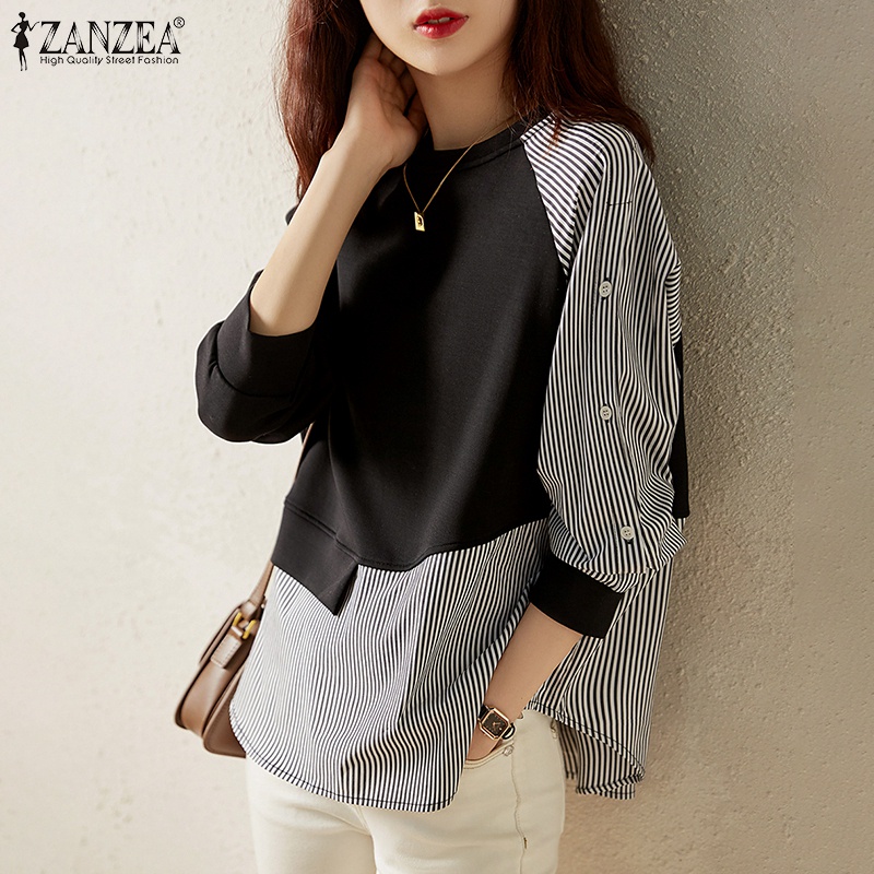 ZANZEA Women Office Loose Stripe Patchwork Top Holiday Casual Retro Long Sleeved Shirt Blouse