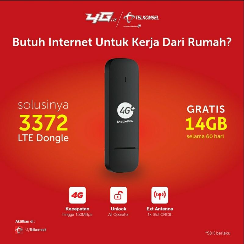 Modem USB 4G LTE E3372 Megafone Free Telkomsel 14GB Unlock