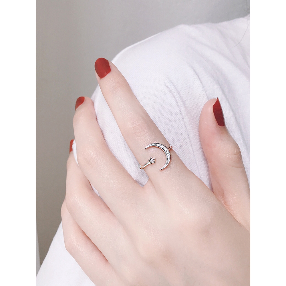 Cincin Adjustable Bentuk Bintang Dan Bulan Warna Silver Untuk Wanita