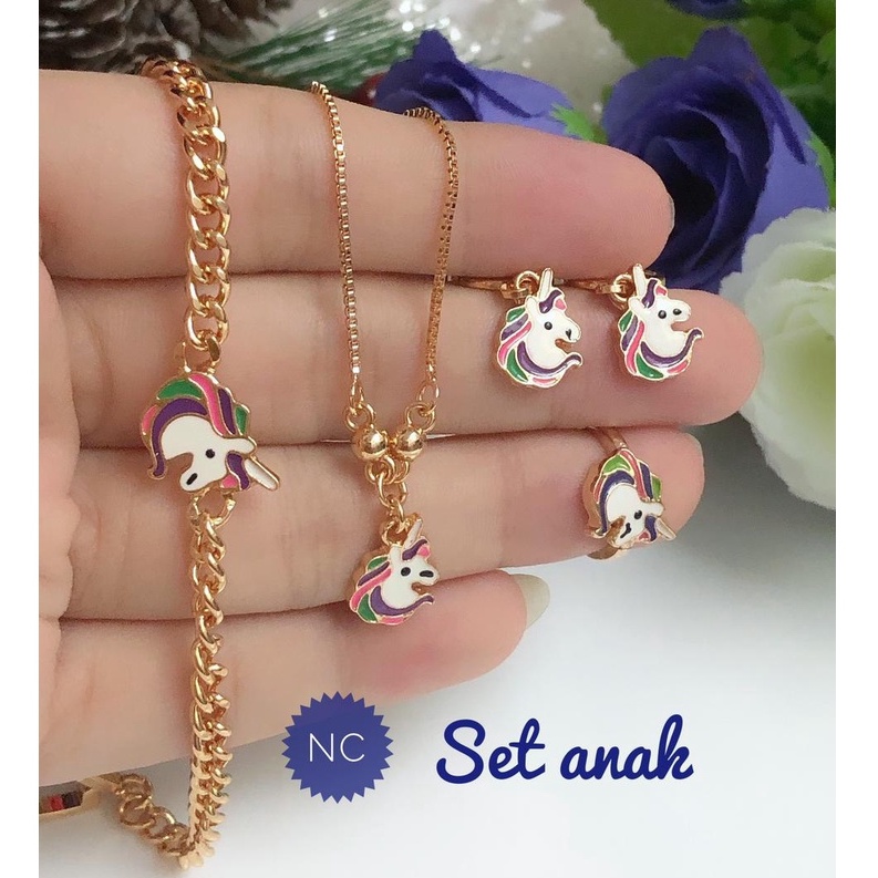 (OKT) TERMURAH Set Perhiasan ANAK Lapis Emas Cincin Gelang Anting Kalung Kuda Little Poni Xuping Gol