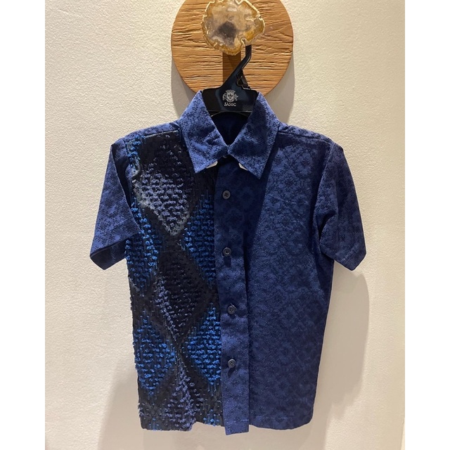 Custom Made Navy Black Batik Tenun Sutra Bulu Garut Blouse/ Kemeja Koko Lebaran Biru Tua Hitam Size 