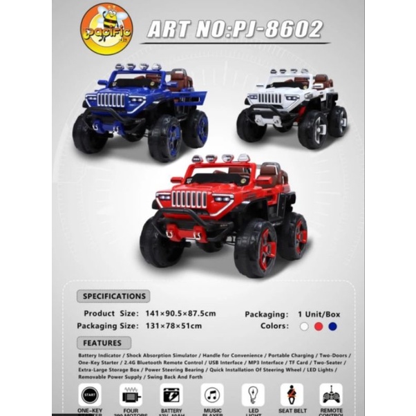 Mobil Listrik Aki Jeep Remote Charger Pasific Exotic PJ-8602 PJ 8602