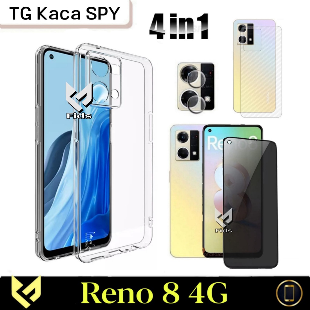 Paket 4IN1 Softcase For OPPO RENO 8 4G 2022 Case Clear HD Transparant Free Tempered Glass Layar &amp; Tempered Glass Camera &amp; Garskin Carbon Pelindung Anti Jamur Handphone