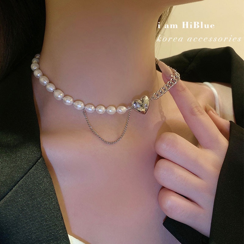 Candy Jewelry Fashion Pearl Choker Heart Necklace Asymmetric Chain Bracelet for Women Hip Hop Accessories