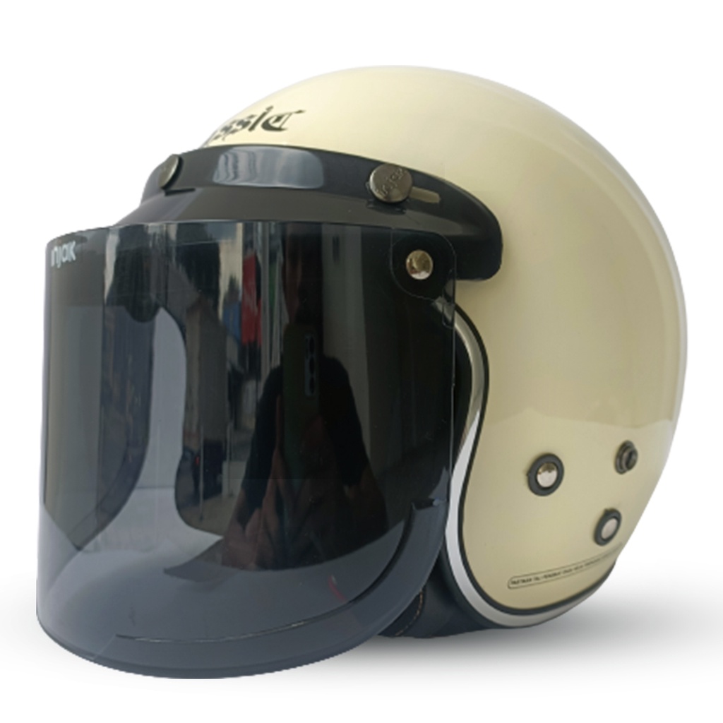 Helm Bogo Dewasa Retro Classic Half Face SNI Full Leher Lis Chrome /Helm Pria /Helm Wanita/Helm Kaca Datar -AVORIO NAIDE CREAM