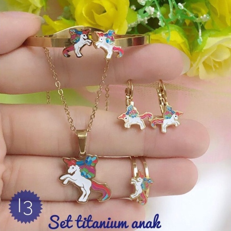 (FEB) Set Perhiasan ANAK Lapis Emas TITANIUM Kalung Gelang Anting Cincin Kuda Poni Xuping Gold Realp