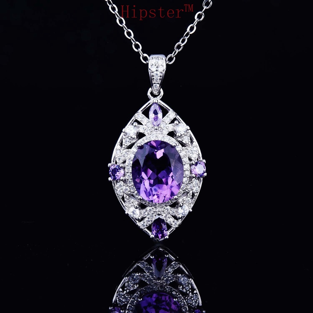 925 Silver Natural Amethyst Pendant 18K Platinum Necklace for Women