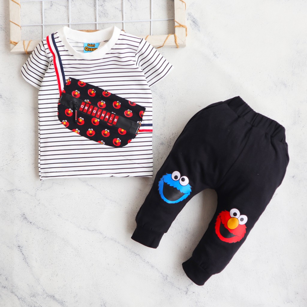Nuna Store baju anak laki laki SaintQueen Motif Kantong Garis Elmo / Setelan Baju Bayi 0 - 2,5 tahun / Baju Anak Laki-Laki