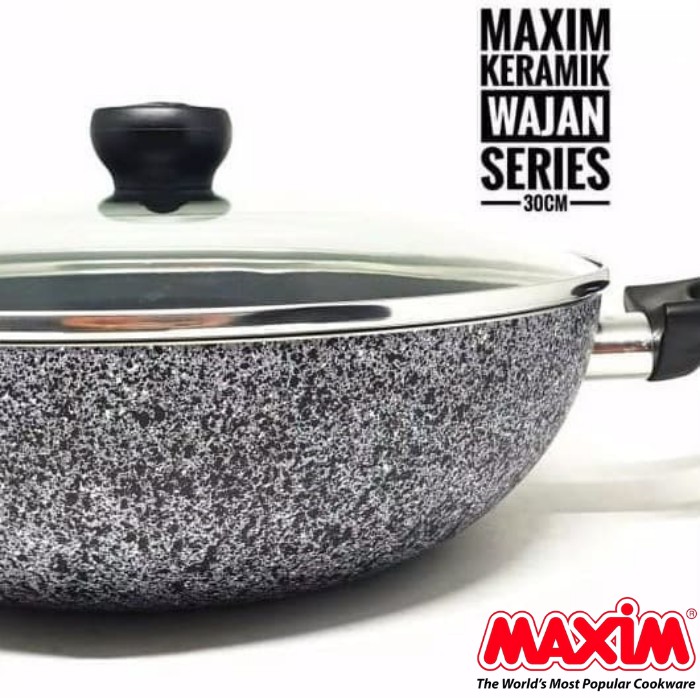 Maxim Neostone Wajan Wok 30cm  | Wajan Anti Lengket Marble Keramik + Tutup Kaca 30 cm