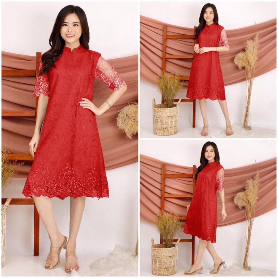 dress shanghai / dress wanita tile bordir lapis furing 8 warna