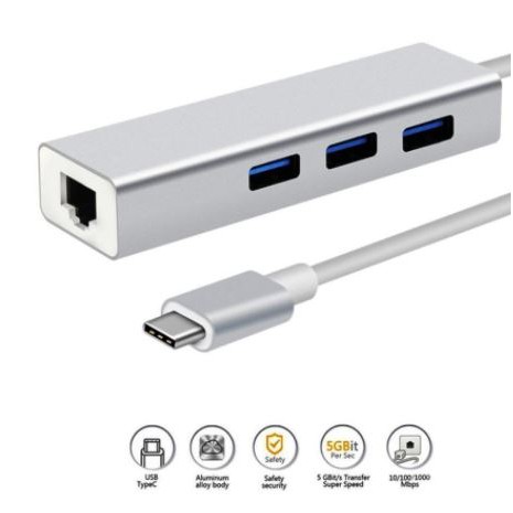 Usb Type-c to Usb 3.0 hub 3 port aluminum with rj45 lan 10/100Mbps ethernet adapter 4in1 for laptop macbook