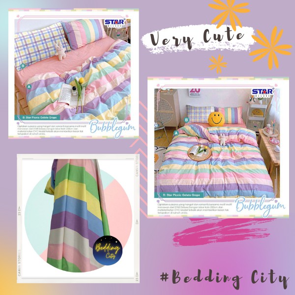 Bedding City Aesthetic Sprei Double bahan katun motif Rainbow Pelangi Bubblegum Star Seprai Only