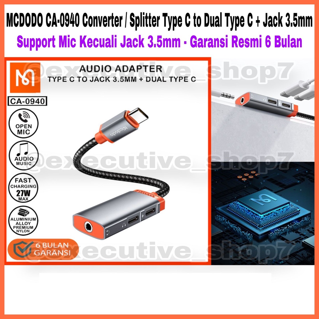 MCDODO CA-0940 Converter / Splitter Type C to Dual Type C + Jack 3,5mm - Garansi Resmi 6 Bulan