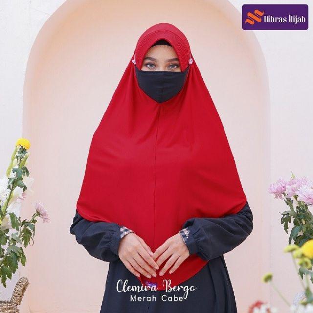 CLEMIRA BERGO SET NIBRAS HIJAB+MASKER-Merah cabe