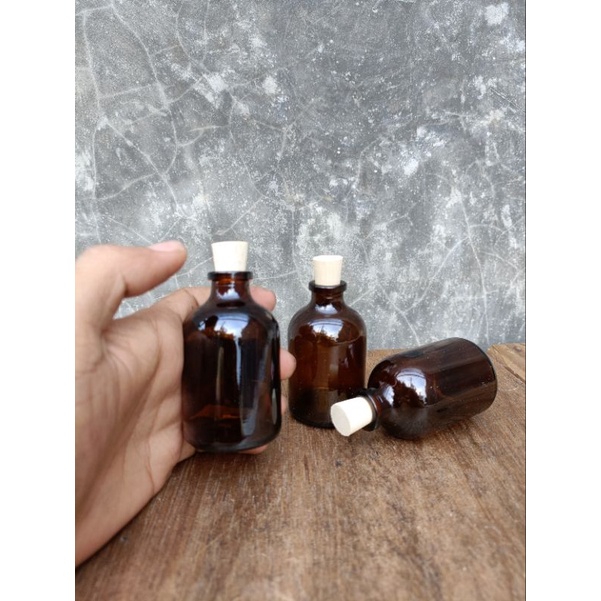 Botol Kaca VIAL 50ml AMBER / COKLAT 50ml tutup kayu gabus / plastik / karet / segel / botol diffuser