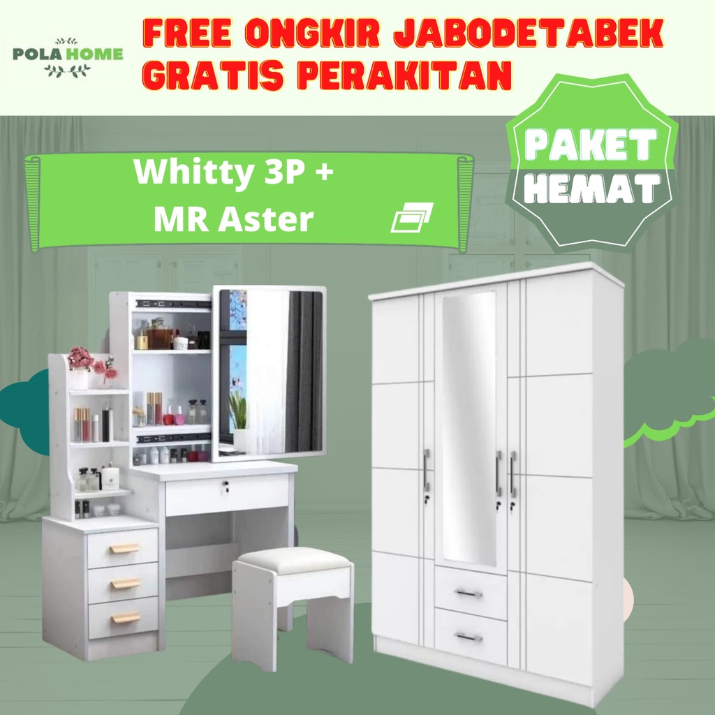 GRATIS ONGKIR + RAKIT Paket Hemat Furniture Ruang Kamar Lemari Pakaian 3Pintu dan Meja Rias