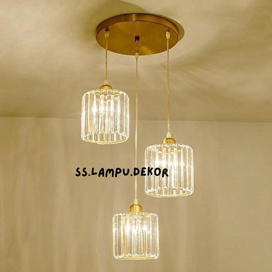 LAMPU GANTUNG KRISTAL MODERN 3 IN 1 MEWAH GOLD MINIMALIS