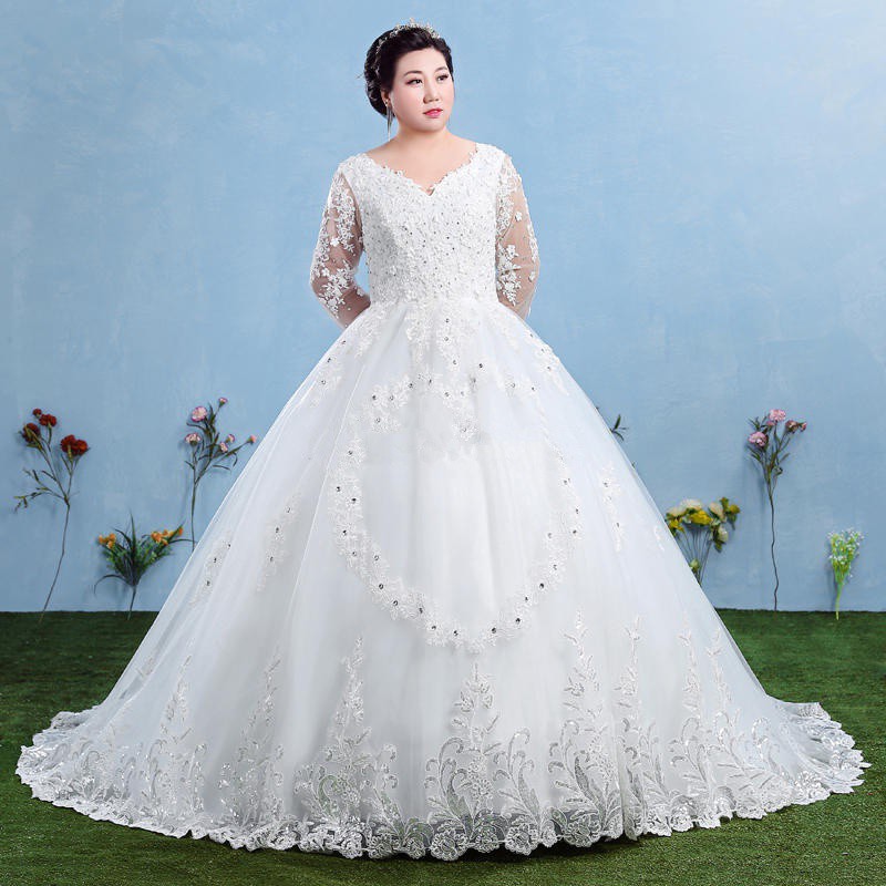 Gaun Pengantin 1811065 Putih Lengan Panjang Ekor Big Size Wedding Gown