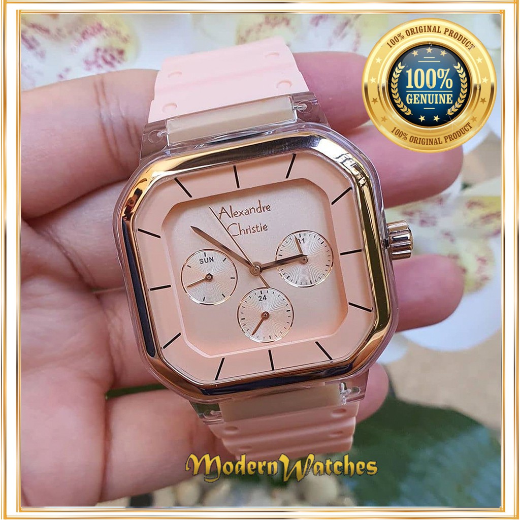 Jam Tangan Ori Wanita Terbaru Alexandre Christie AC 2811 Peach Pink Rosegold Rubber Karet Terlaris