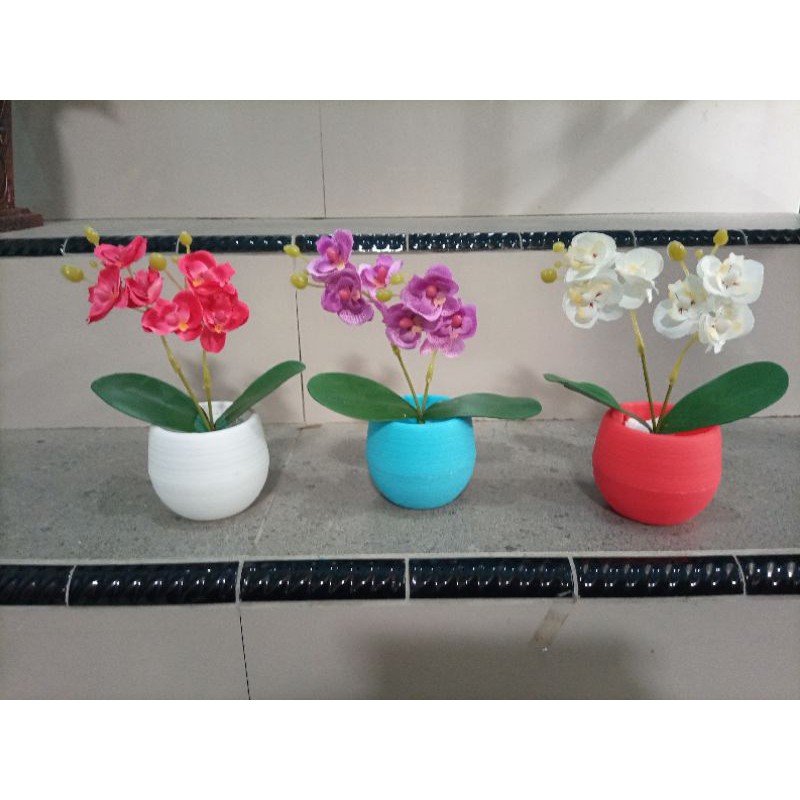 anggrek set pot bola bunga artificial bunga plastik anggrek kain