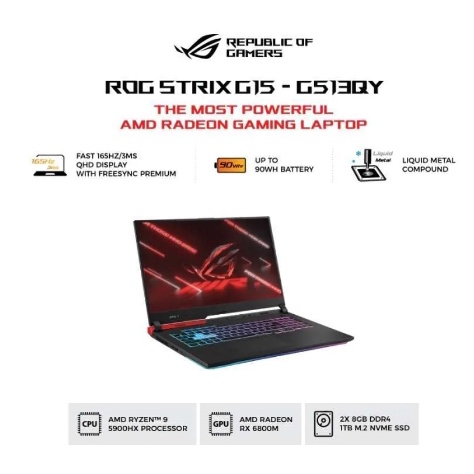 Asus ROG Strix G G513QY-R9X8G6T-O11 AMD RYZEN R9-5900H RX 6800 12G RAM16GB SSD1TB WINDOWS 11 DAN OHS 2021 ORIGINAL