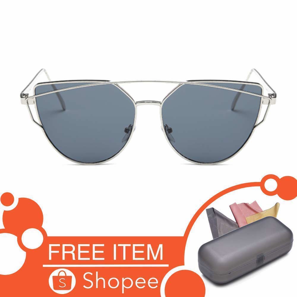 Anti UV Eye Cat Sunglasses [ Grey Silver ] Pria dan Wanita - Desaign Korea - NY Free Kotak Kacamata