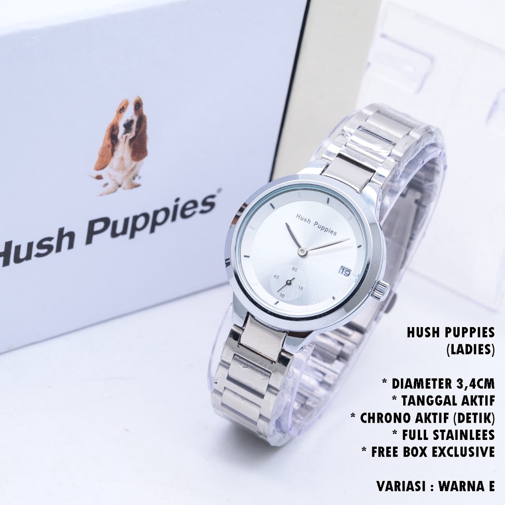 (FREE BOX) JAM TANGAN WANITA HUSH PUPPIES RANTAI BODY BULAT TANGGAL &amp; CHRONO AKTIF