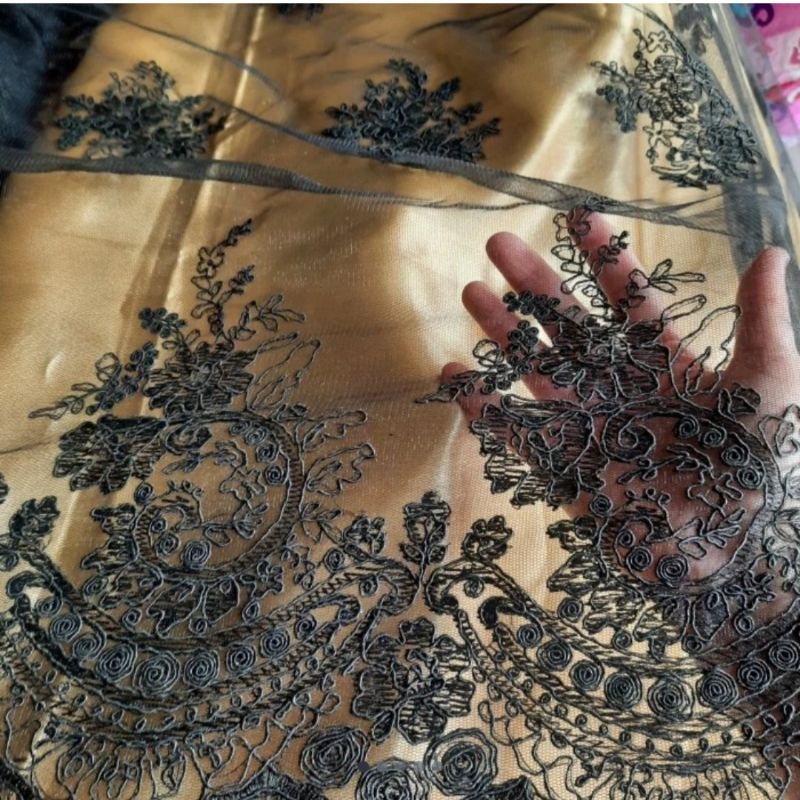 kain tile bordir meteran corneli hitam bahan kebaya baju dress gamis