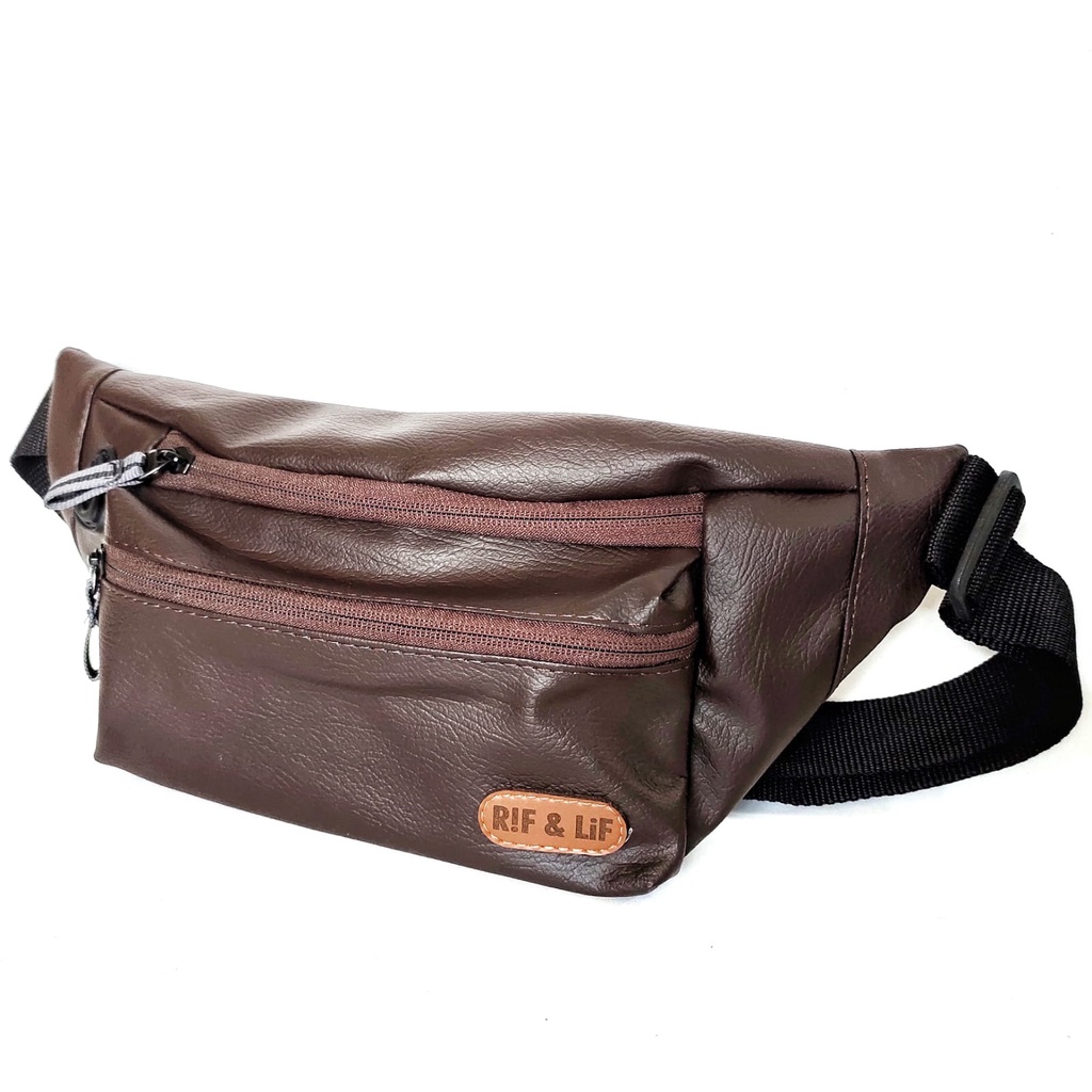 Tas Selempang Casual Kasual Pria Waist Bag Sling Bag Distro Bahan Kulit Sintetis  Murah dan Keren Warna Coklat untuk Jalan-jalan Traveling