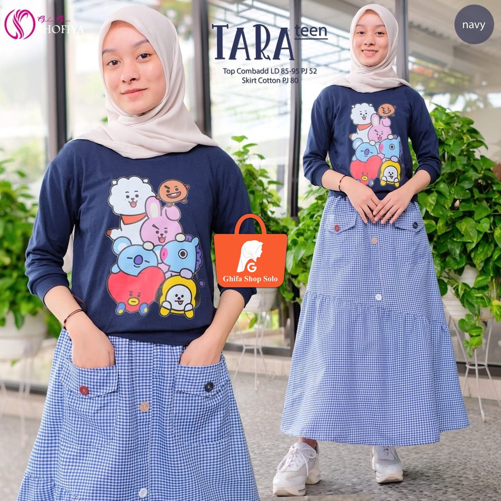Baju Setelan Rok Wanita Remaja Kekinian Tara One Set Original by GGS Shofiya Motif BT21 Mix Kotak-Ko
