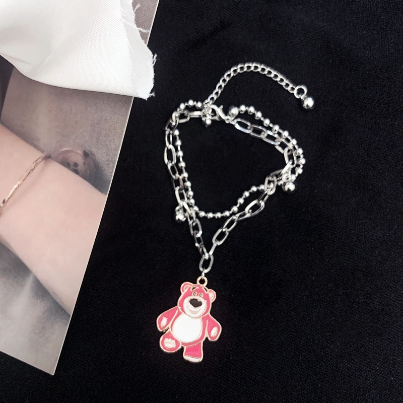 Gelang Double Layer Motif Kartun Beruang Strawberry Gaya Korea Untuk Wanita