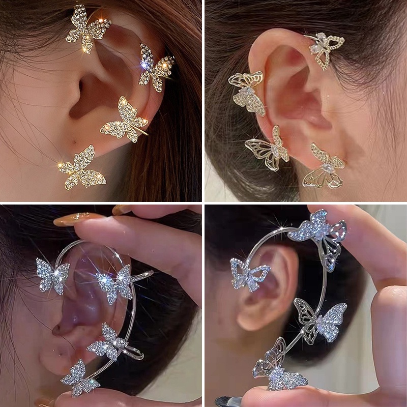 2pcs / set Anting Tusuk + Klip / Jepit + Rantai Rumbai Desain Kupu-Kupu Gaya Korea Untuk Wanita