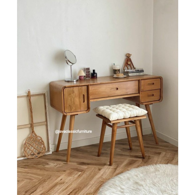 1 SET MEJA TULIS BELAJAR KERJA KANTOR KOMPUTER LAPTOP RETRO MINIMALIS + PUK DUDUK BAHAN KAYU JATI TPK GRADE A AWET KOKOH FINISHING NATURAL PRODUKSI JEPARA-1