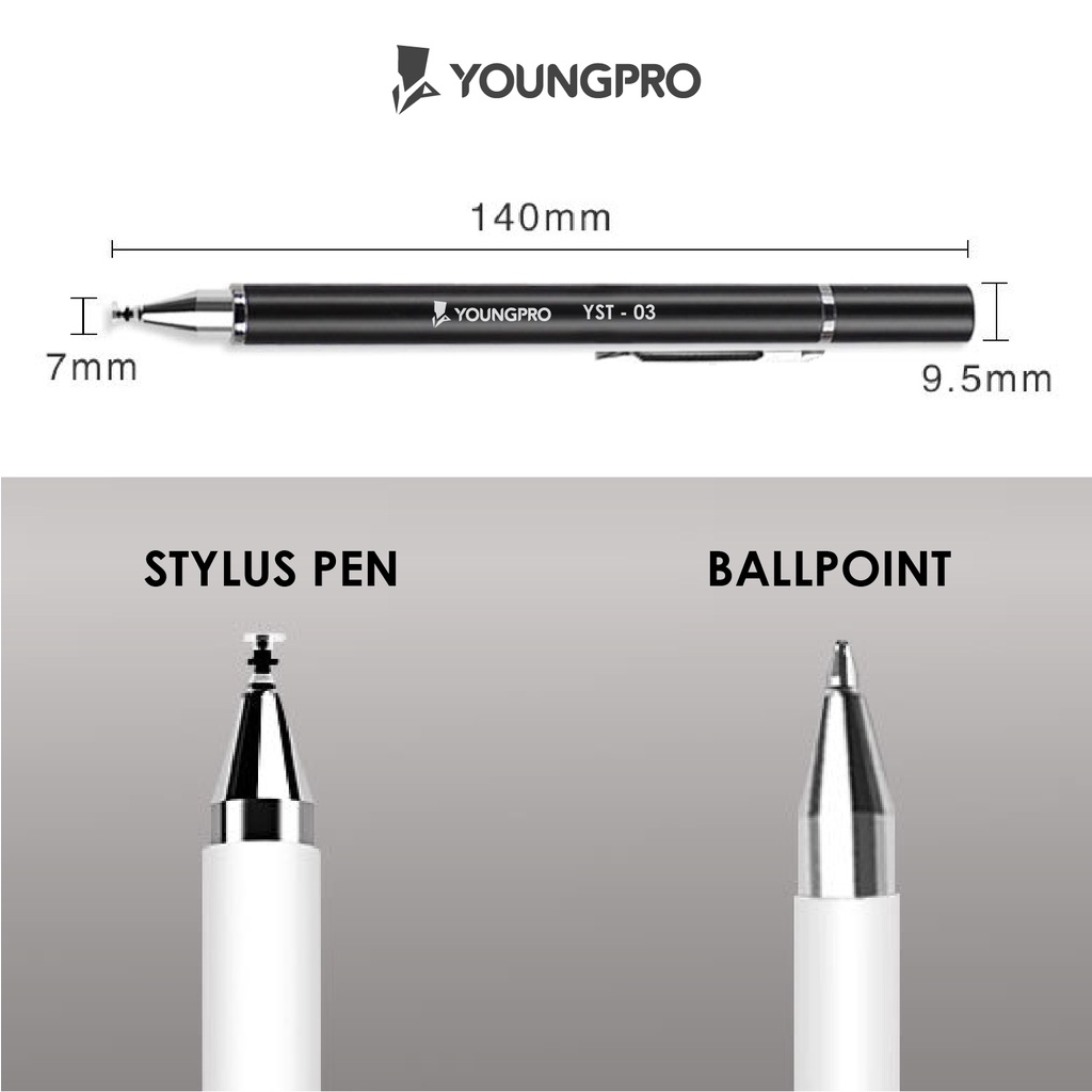 YOUNGPRO YST-03 Stylus Pen Ballpoint 2in1 Universal Touch Screen Pen Untuk Home Schooling Drawing