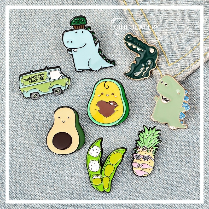 Bros Pin Enamel Desain Kartun Alpukat Pea Nanas Dinosaurus Bus Untuk Hadiah Anak