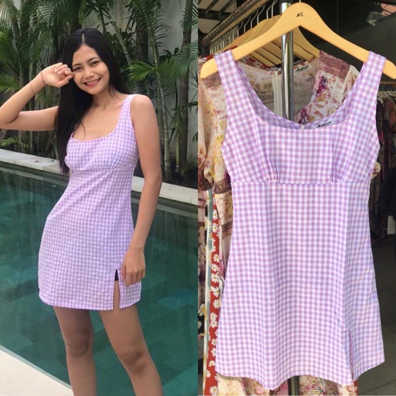 Mehra dress Korean style - motif kotak-kotak Lilac dan Coklat