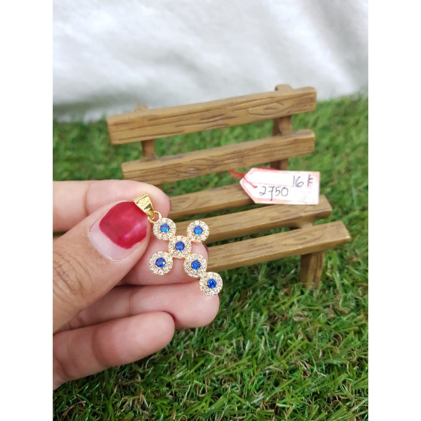LT1702E379E liontin salib full permata biru blue diamond putih mewah emas kuning asli berat 2.750 ka
