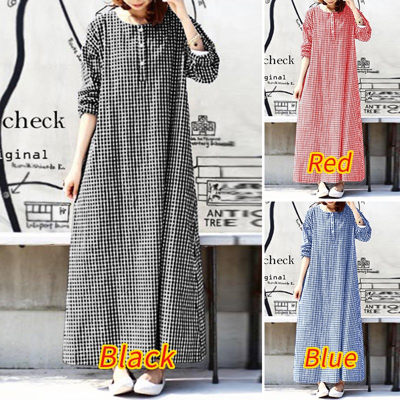 ZANZEA Women Grid Printed Button Down Front Long Sleeve Maxi Dress