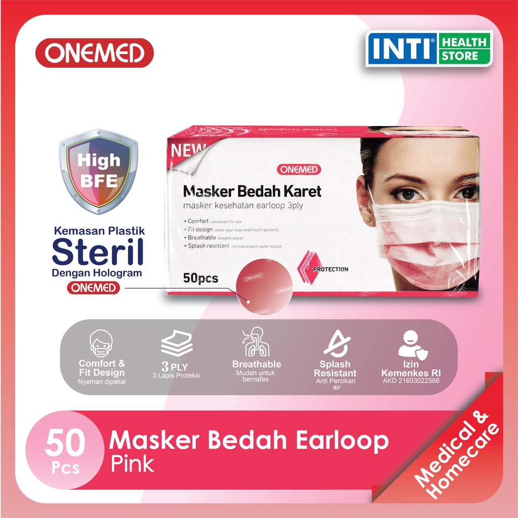 Onemed | Masker 3 Ply Earloop Medis | Earloop Surgical Mask | Warna Pink