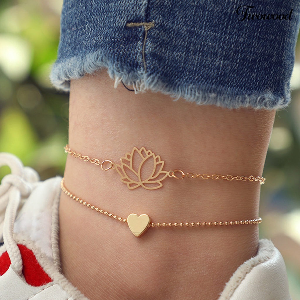 Twowood 2Pcs/Set Lotus Pendent Hollow Out Women Anklets Double Layered Heart Pendent Adjustable Chain Anklets Foot Jewelry