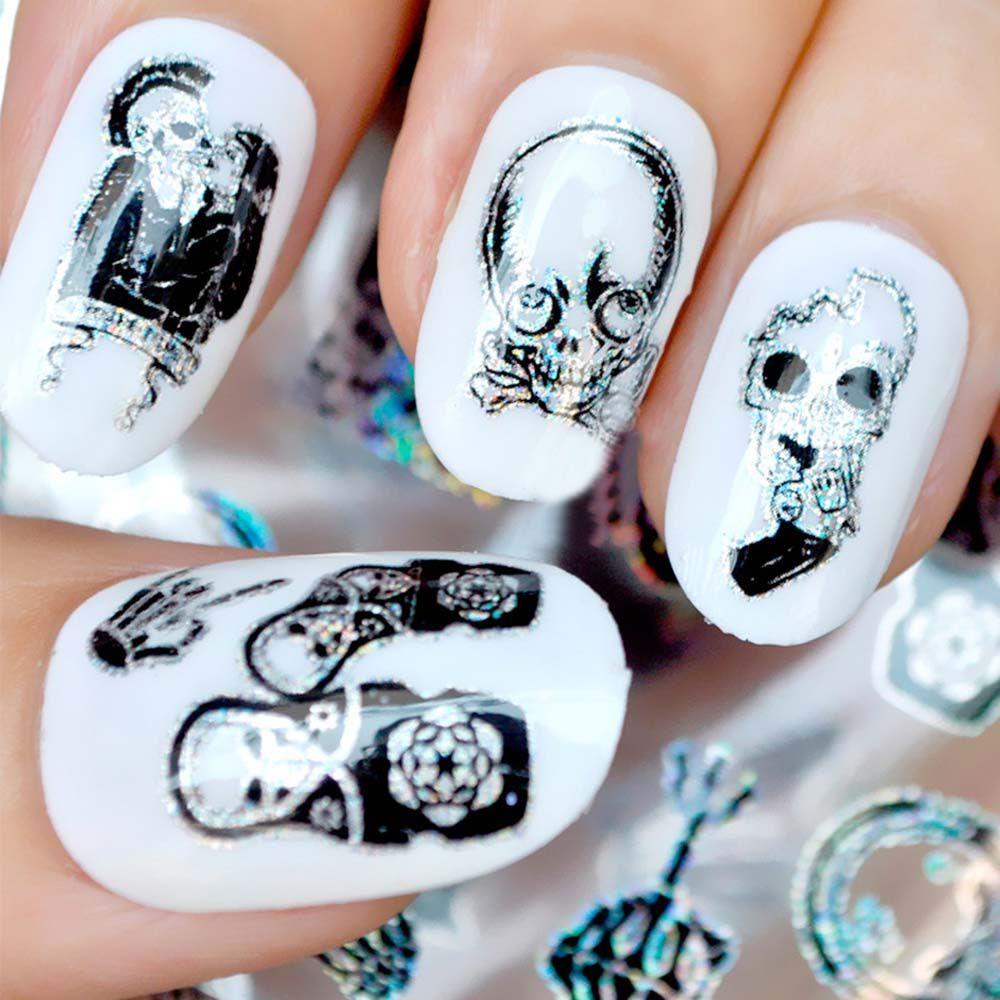 Mxbeauty Halloween Stiker Nail Art DIY Slider Wrap Decals Manicure Dekorasi Tengkorak Hitam Desain Transfer Stiker