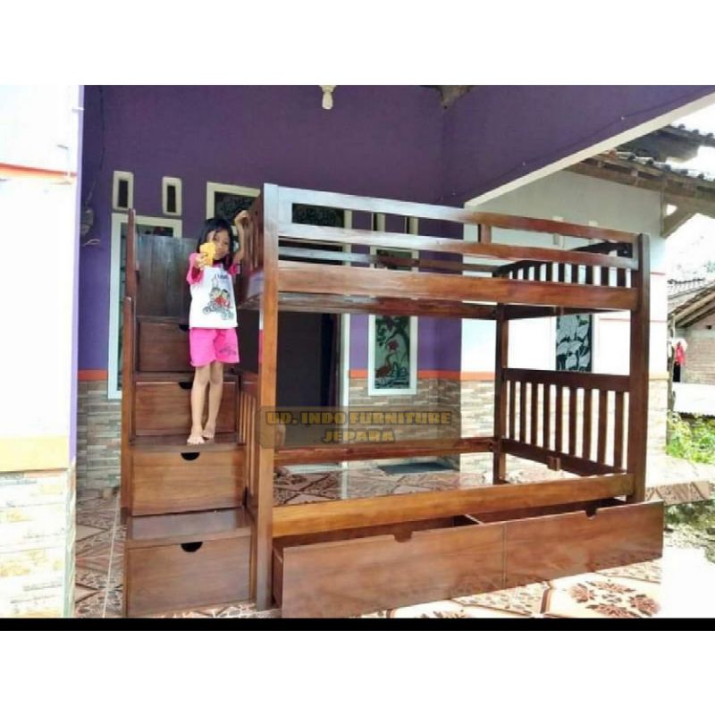 dipan tingkat laci / tangga besar ranjang tempat tidur minimalis bahan kayu jati jepara