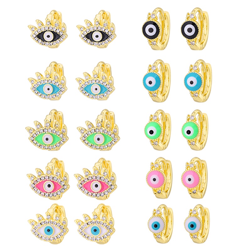 Anting Stud Zircon Bentuk Tangan Mata Evil Warna Emas Silver Biru Untuk Wanita