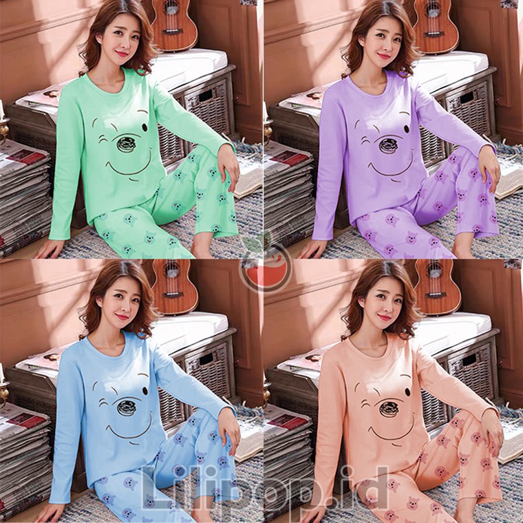 Baju Tidur Celana Panjang Wanita Baby Doll PP Lengan Panjang Bahan Kaos All Size Murah Lilipop