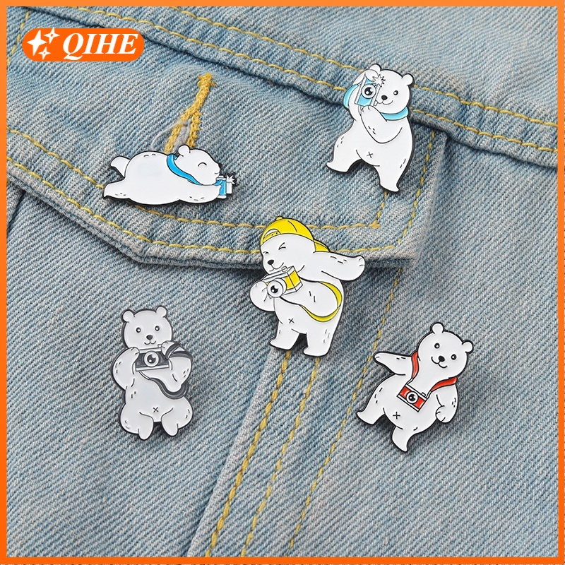 Cartoon White Bear Photo Enamel Lapel Pin Cute Bear Photo Animal Badge Brooch Backpack Jewelry Collection Gifts for Friends