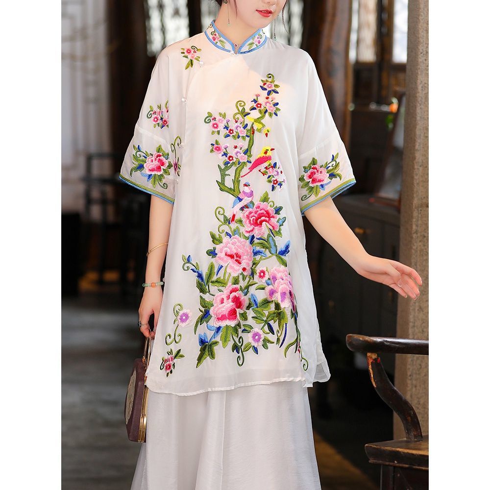 White shirt women 2022 spring retro oblique placket buckle large embroidered medium long imitation s