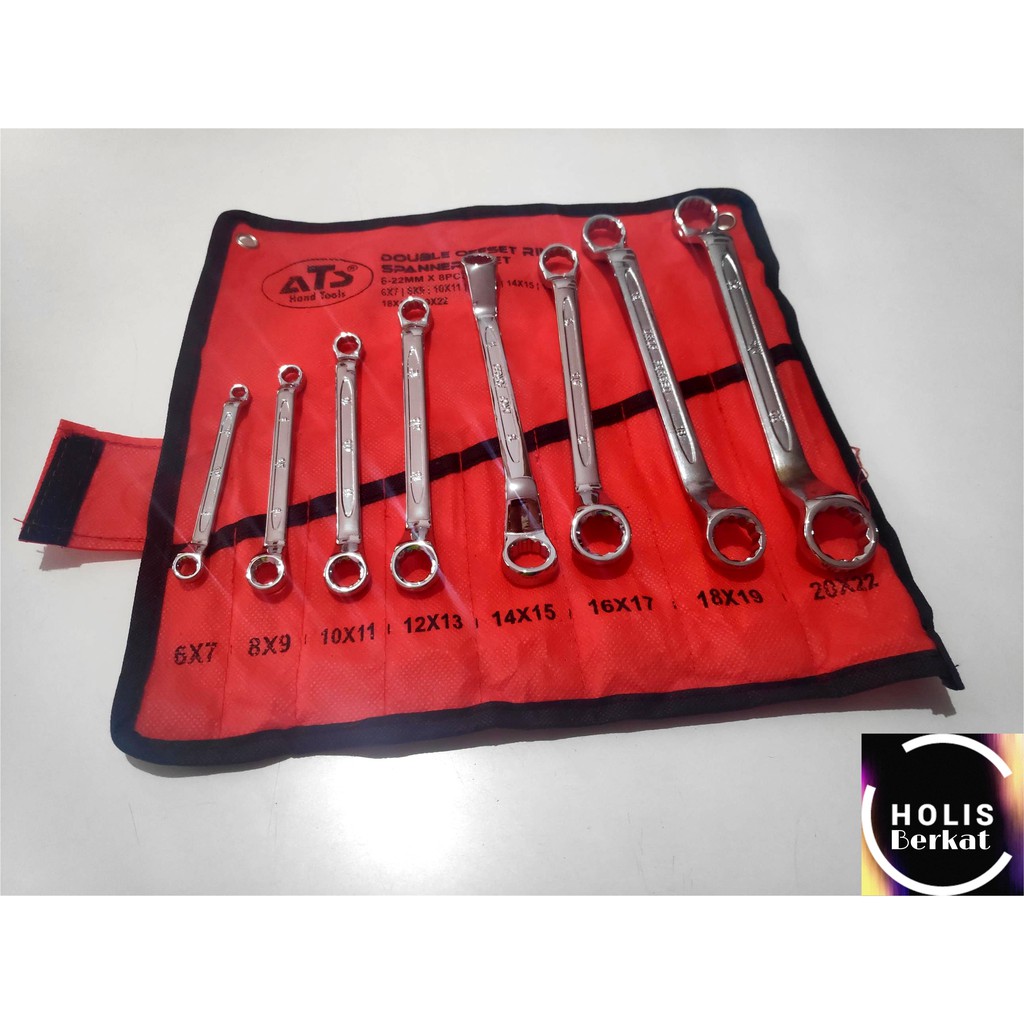 Kunci Ring Set 8 Pcs 6-22 mm Double Offset Ring Spanners Set Merk ATS