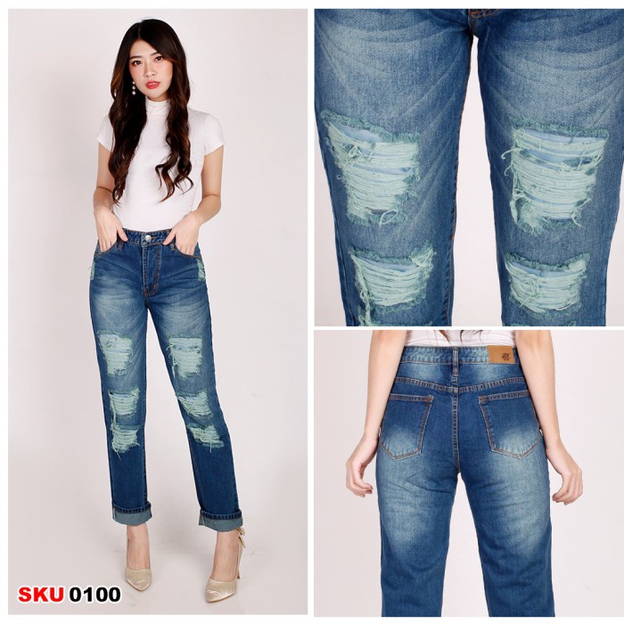 celana panjang wanita boyfriend jeans ripped lapis kain furing - Hijau, 27
