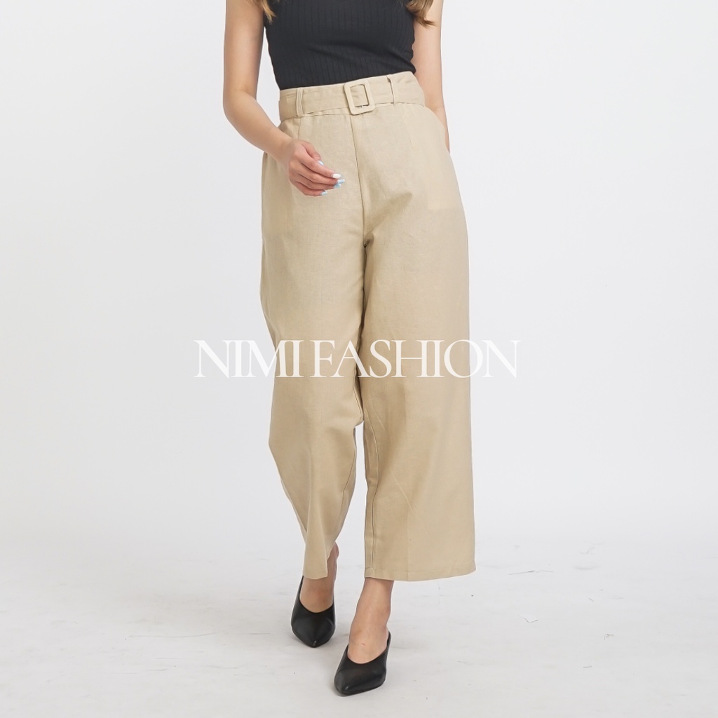 Celana Kulot Linen Highwaist Wanita / Wide Leg Free belt Culottes Linen Pants Premium